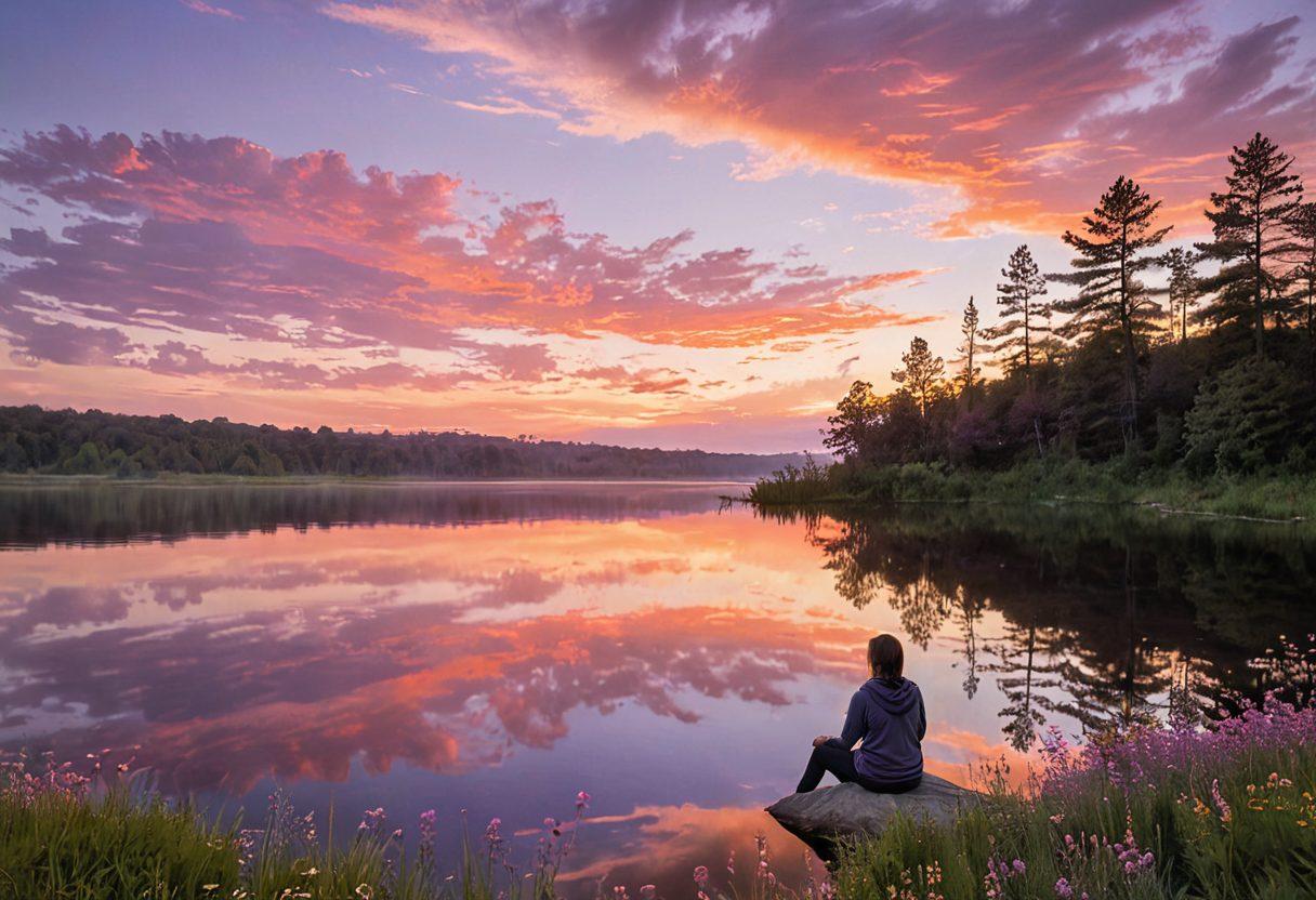 A serene landscape depicting a sunset over a calm lake, symbolizing hope and healing. Include a silhouette of a person sitting at the shore, gazing into the distance, surrounded by wildflowers. Ethereal light beams breaking through clouds to illuminate the scene, representing enlightenment and breakthrough solutions. soft pastel colors. painting.