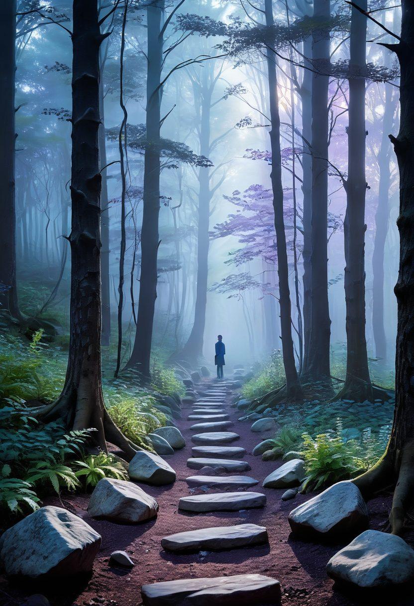 A contemplative figure standing at the edge of a serene, misty forest, symbolizing the journey through emotional pain towards healing. In the foreground, a pathway lined with soft, glowing stones leads deeper into the trees, representing breakthroughs. The color palette features soothing blues and purples with hints of warm light breaking through the trees. A backdrop of abstract shapes embodying emotional turmoil and hope intertwines. painterly style. soft focus. soothing color tones.