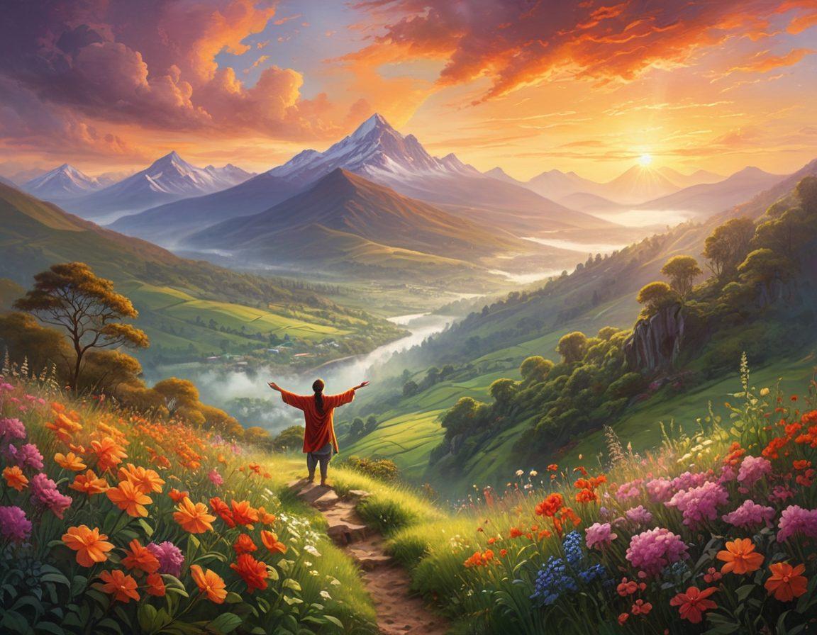 A serene landscape depicting a sunrise breaking through dark clouds, symbolizing hope and renewal. In the foreground, a figure stands with arms outstretched, embracing the light, surrounded by blooming flowers and lush greenery that represents growth and positivity. The background features distant mountains shrouded in mist, conveying a sense of journey and exploration. soft focus. vibrant colors. painting.